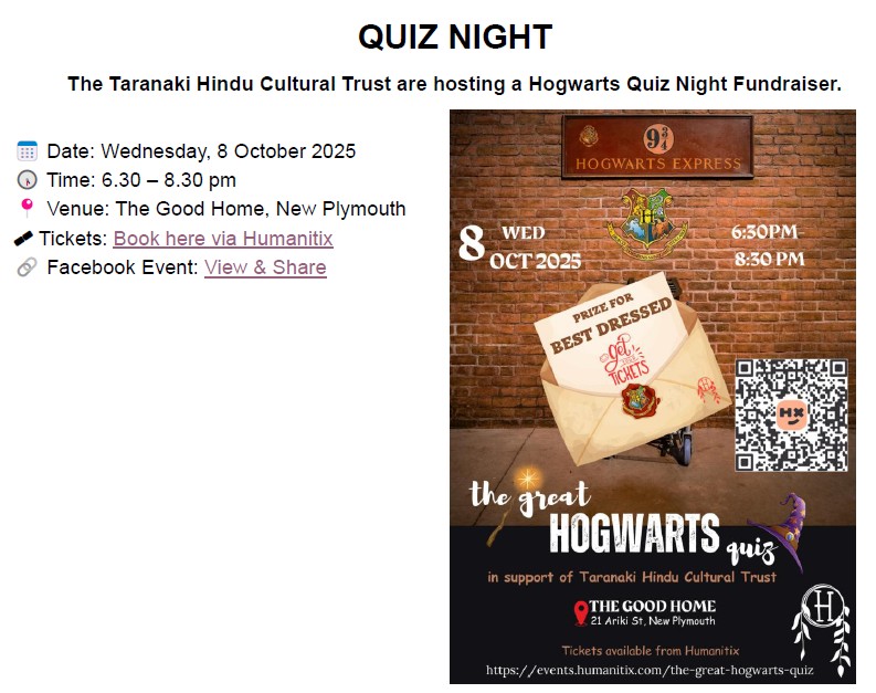 Hogworts Quiz Night 08.10.25 Taranaki Hindu Cultural Trust