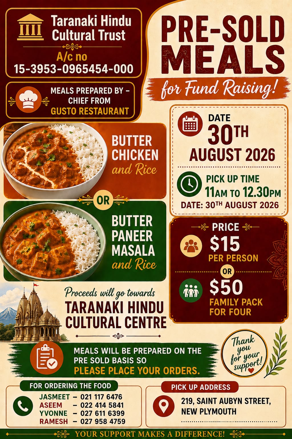Taranaki Hindu Cultural Trust - Pre sold meals 30.08.26